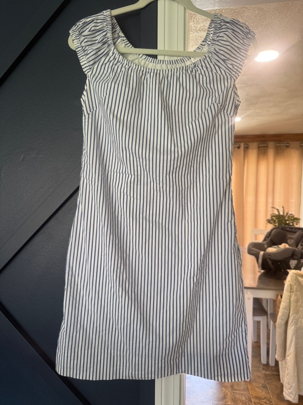 White Mini Dress with Navy Pinstripes - Sleeveless Summer Dress